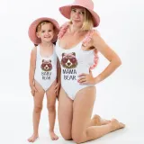 Mommy and Me Bathing Suits Bear With Glasses Mama Mini Flower Shoulder Backless Swimsuits