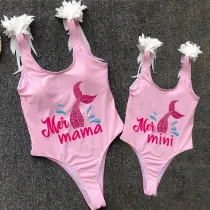 Mommy and Me Bathing Suits Mermama Mermini Feather Shoulder Backless Swimsuits
