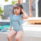 Girls Bathing Suits Mini Cat Leopard One Piece Ruffled Cuff Swimsuits