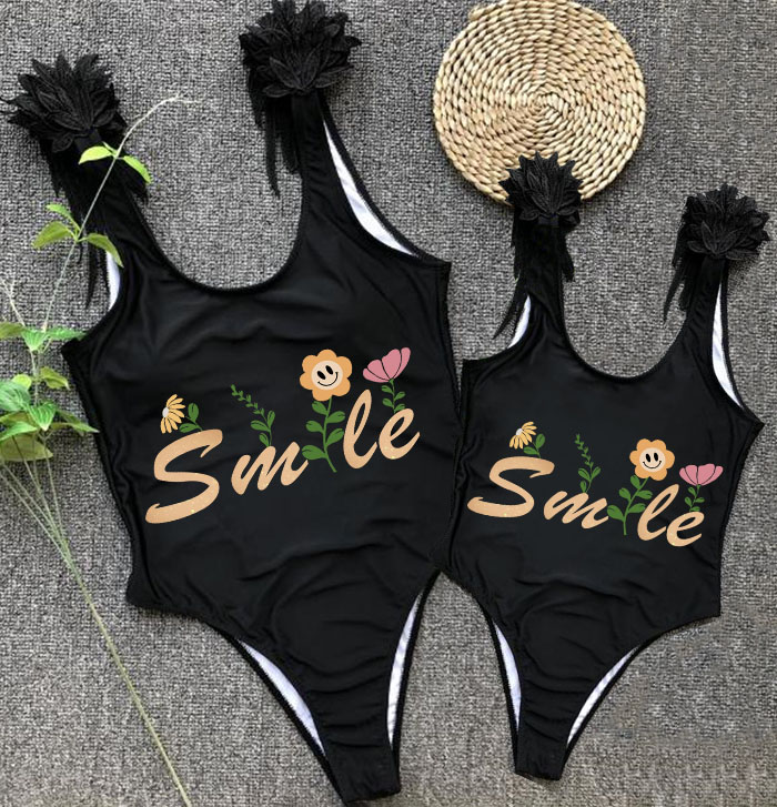 Mommy and Me Bathing Suits Smile Slogan Mama And Mini Feather Shoulder Backless Swimsuits