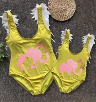 Mommy and Me Bathing Suits Elephant Heart Mama And Mini Feather Shoulder Backless Swimsuits