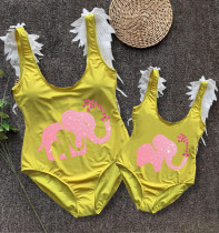 Mommy and Me Bathing Suits Elephant Heart Mama And Mini Feather Shoulder Backless Swimsuits