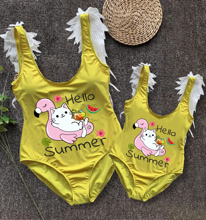 Mommy and Me Bathing Suits Hello Summer Mama And Mini Feather Shoulder Backless Swimsuits
