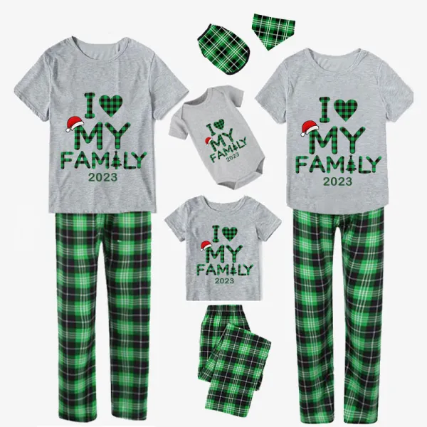 2023 Christmas Matching Family Pajamas Exclusive Design I Love My Family Gray Short Green Pants Pajamas Set