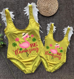 Mommy and Me Bathing Suits Be Flamazing Flamingo Mama And Mini Feather Shoulder Backless Swimsuits