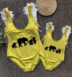Mommy and Me Bathing Suits Elephants Mama And Mini Feather Shoulder Backless Swimsuits