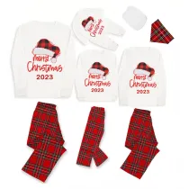2023 Christmas Matching Family Pajamas Red Plaids Christmas Hat Merry Christmas Letter White Pajamas Set With Baby Pajamas