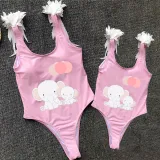 Mommy and Me Bathing Suits Elephants With Balloons Mama And Mini Feather Shoulder Backless Swimsuits