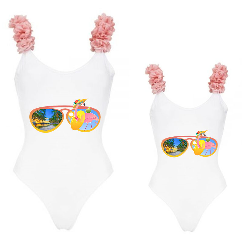 Mommy and Me Bathing Suits Sunglasses Flamingo Mama And Mini Flower Shoulder Backless Swimsuits