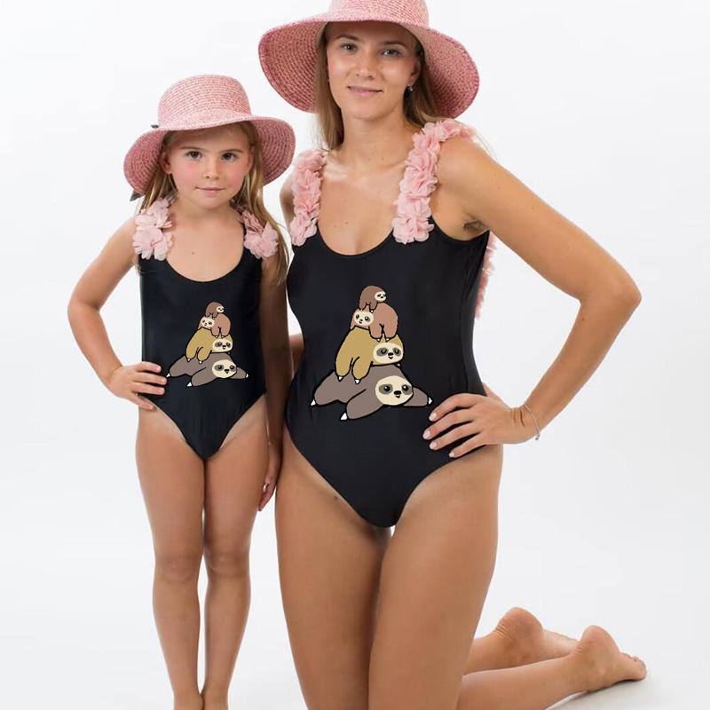 Mommy and Me Bathing Suits Sloth Family Flower Shoulder Backless Swimsuits