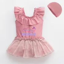 Girls Bathing Suits Baby Mermaid Slogan One Piece Lace Collar Swimsuits