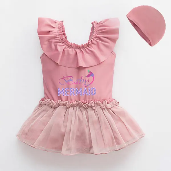 Girls Bathing Suits Baby Mermaid Slogan One Piece Lace Collar Swimsuits