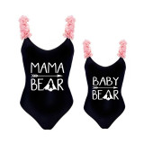 Mommy and Me Bathing Suits Bear Slogan Mama Mini Flower Shoulder Backless Swimsuits