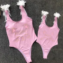Mommy and Me Bathing Suits Cat Smile Feather Shoulder Backless Swimsuits