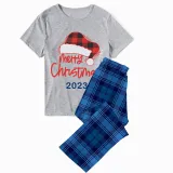 2023 Christmas Matching Family Pajamas Red Plaids Christmas Hat Merry Christmas Letter Blue Short Pajamas Set With Baby Pajamas