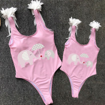 Mommy and Me Bathing Suits Elephants Mama And Mini Feather Shoulder Backless Swimsuits