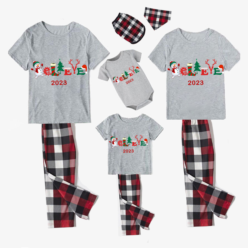 2023 Believe Christmas Matching Family Pajamas Exclusive Design Snowman Love Christmas Gray Short Pajamas Set