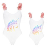 Mommy and Me Bathing Suits Unicorn Mama And Mini Flower Shoulder Backless Swimsuits