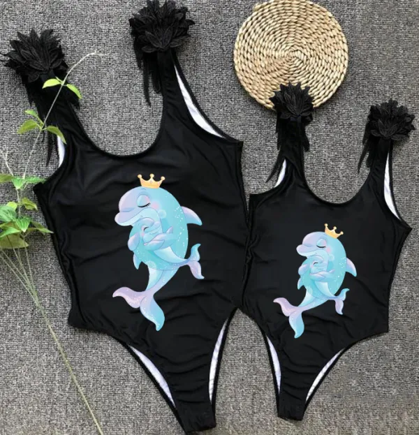 Mommy and Me Bathing Suits Mommy Baby Dolphin Feather Shoulder Backless Swimsuits