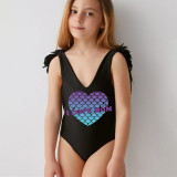 Mommy and Me Bathing Suits Mermaid Love Mama And Mini Feather Shoulder Backless Swimsuits