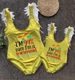 Mommy and Me Bathing Suits I'm 99% Sure I'm A Meimaid Mama And Mini Feather Shoulder Backless Swimsuits
