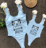 Mommy and Me Bathing Suits Cat I love You Mama And Mini Feather Shoulder Backless Swimsuits