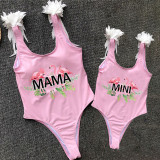 Mommy and Me Bathing Suits Flamigo Vacation Mama And Mini Feather Shoulder Backless Swimsuits