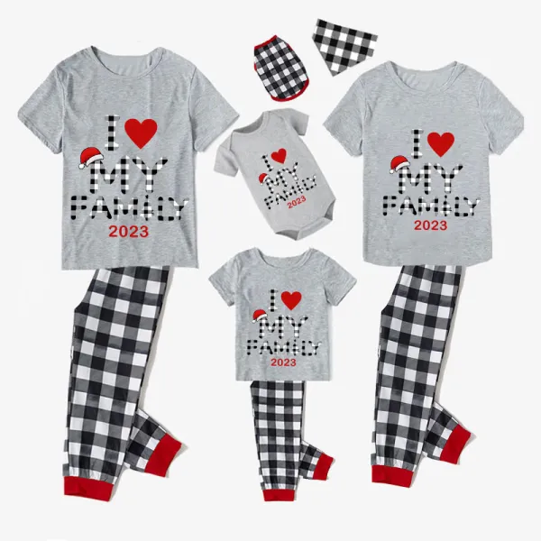 2023 Christmas Matching Family Pajamas Exclusive Design I Love My Family Gray Short Plaids Pants Pajamas Set