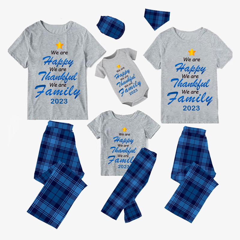 2023 Christmas Matching Family Pajamas We Are Happy Thanksful Family Blue Short Pajamas Set
