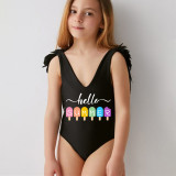 Mommy and Me Bathing Suits Hello Summer Ice Cream Mama And Mini Feather Shoulder Backless Swimsuits