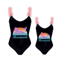 Mommy and Me Bathing Suits I'm a Mermaid Mama And Mini Flower Shoulder Backless Swimsuits