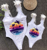 Mommy and Me Bathing Suits Flamingo Coconut Tree Mama And Mini Feather Shoulder Backless Swimsuits