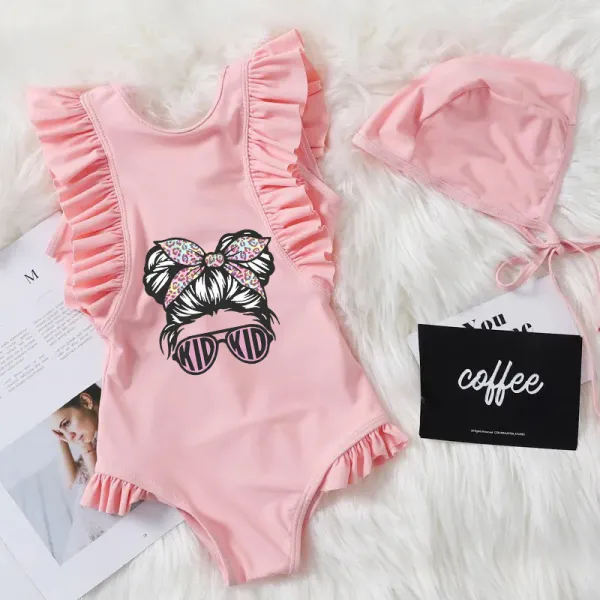 Girls Bathing Suits Kid Sunglasses Head One Piece Ruffled Cuff Swimsuits
