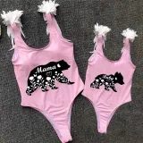 Mommy and Me Bathing Suits Bear Mama Mini Feather Shoulder Backless Swimsuits
