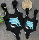 Mommy and Me Bathing Suits Mommy Baby Dolphin Feather Shoulder Backless Swimsuits