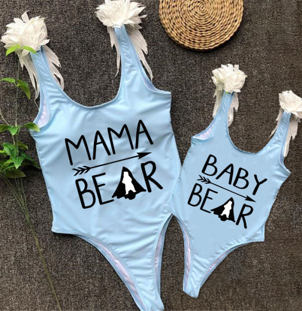 Mommy and Me Bathing Suits Bear Slogan Mama Mini Feather Shoulder Backless Swimsuits