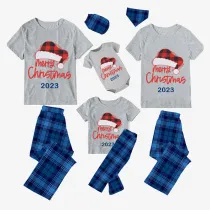 2023 Christmas Matching Family Pajamas Red Plaids Christmas Hat Merry Christmas Letter Blue Short Pajamas Set With Baby Pajamas