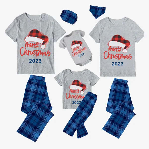 2023 Christmas Matching Family Pajamas Red Plaids Christmas Hat Merry Christmas Letter Blue Short Pajamas Set With Baby Pajamas
