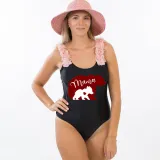 Mommy and Me Bathing Suits Red Bear Mama Mini Flower Shoulder Backless Swimsuits