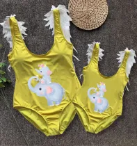 Mommy and Me Bathing Suits Elephants Mama And Mini Feather Shoulder Backless Swimsuits