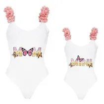 Mommy and Me Bathing Suits Butterfly Mama And Mini Slogan Flower Shoulder Backless Swimsuits