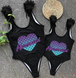 Mommy and Me Bathing Suits Mermaid Heart Mama And Mini Feather Shoulder Backless Swimsuits