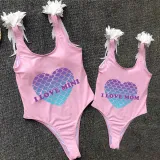 Mommy and Me Bathing Suits Mermaid Love Mama And Mini Feather Shoulder Backless Swimsuits