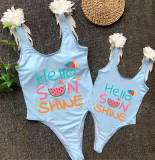 Mommy and Me Bathing Suits Hello Sun Shine Mama And Mini Feather Shoulder Backless Swimsuits