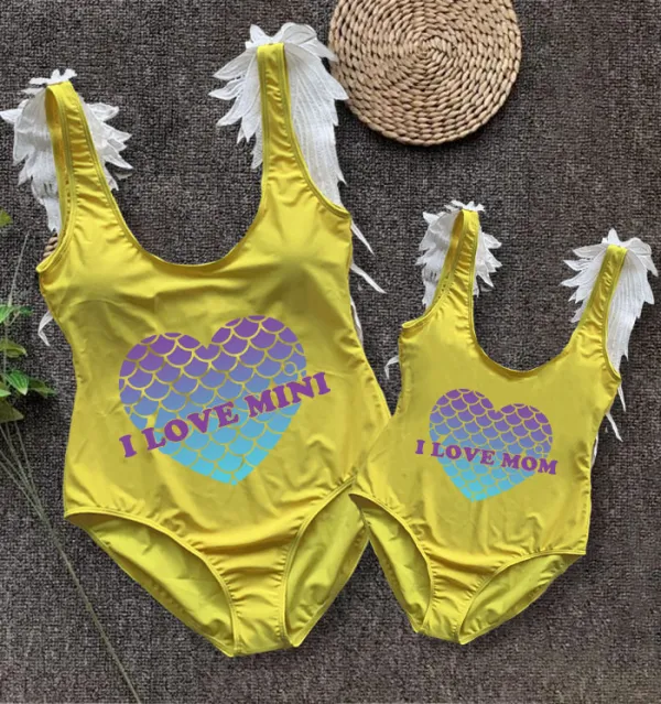 Mommy and Me Bathing Suits Mermaid Love Mama And Mini Feather Shoulder Backless Swimsuits