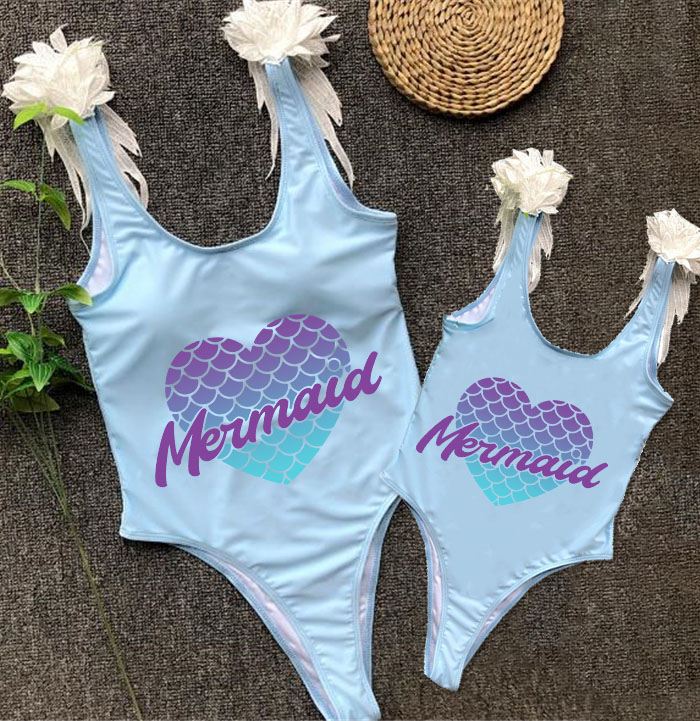 Mommy and Me Bathing Suits Mermaid Heart Mama And Mini Feather Shoulder Backless Swimsuits