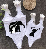 Mommy and Me Bathing Suits Elephant Mama And Mini Feather Shoulder Backless Swimsuits