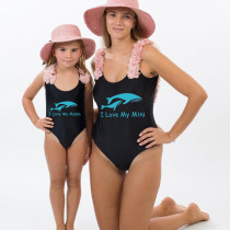 Mommy and Me Bathing Suits Whale I Love My Mama Mini Flower Shoulder Backless Swimsuits