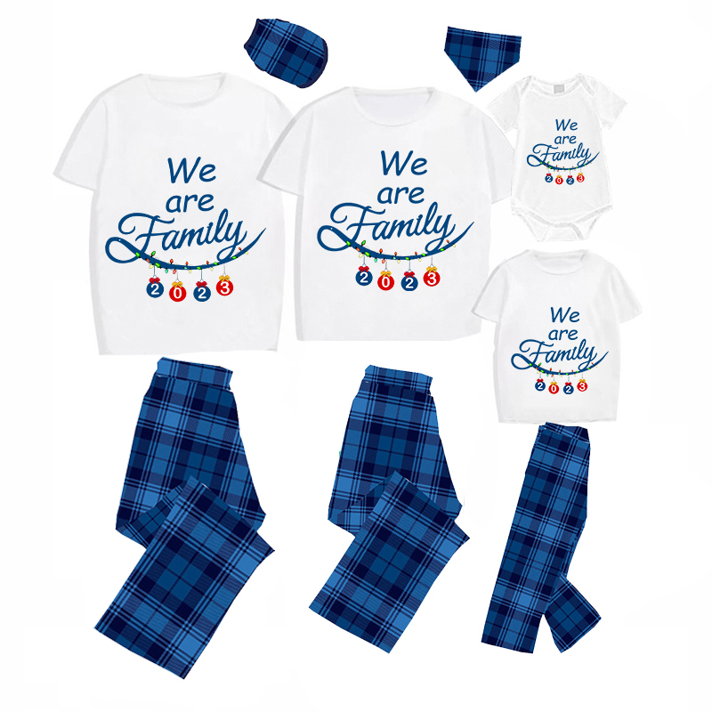 2023 Christmas Matching Family Pajamas Exclusive Design We Are Family Pendant Blue Plaids Pants Pajamas Set