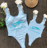 Mommy and Me Bathing Suits Whale I Love My Mama Mini Feather Shoulder Backless Swimsuits